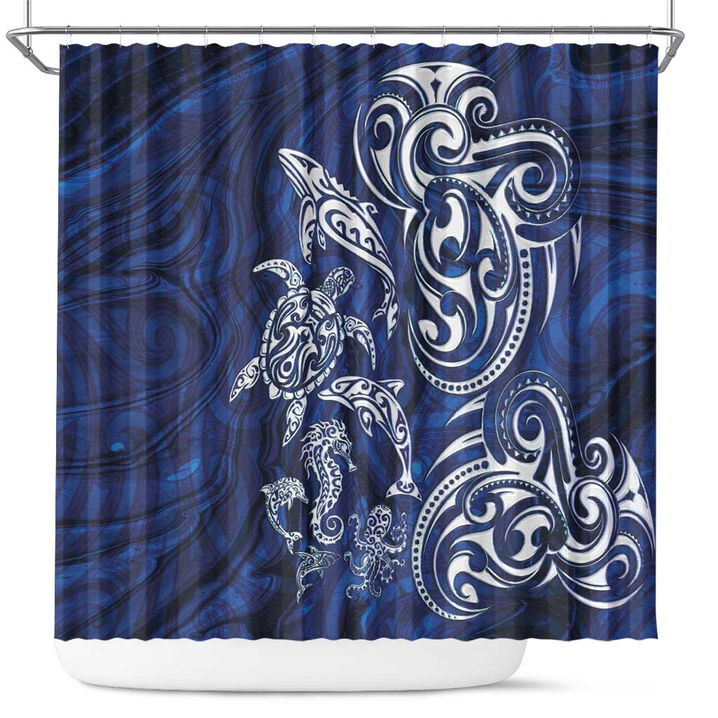 New Zealand Connecting with Seas Shower Curtain Maori Tribal and Sea Animals Tattoo - White Glass Style