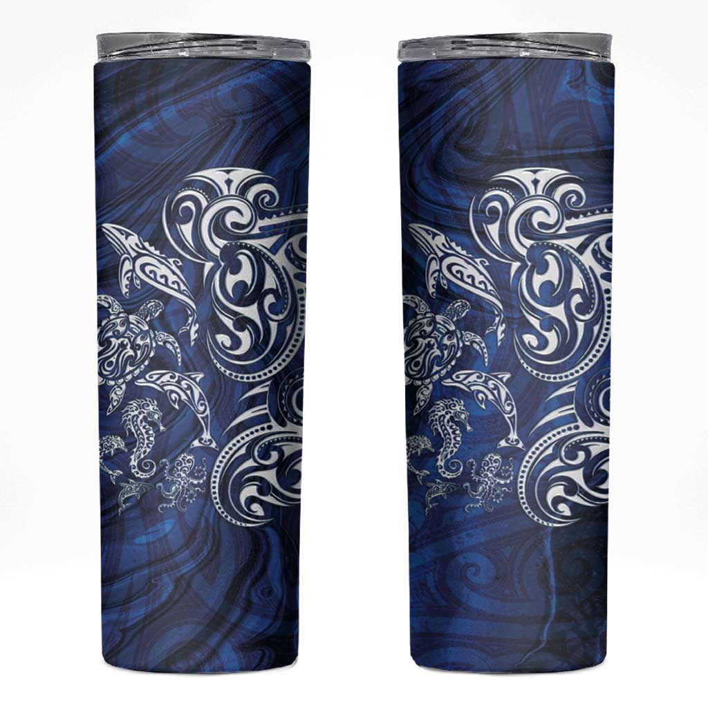 New Zealand Connecting with Seas Skinny Tumbler Maori Tribal and Sea Animals Tattoo - White Glass Style