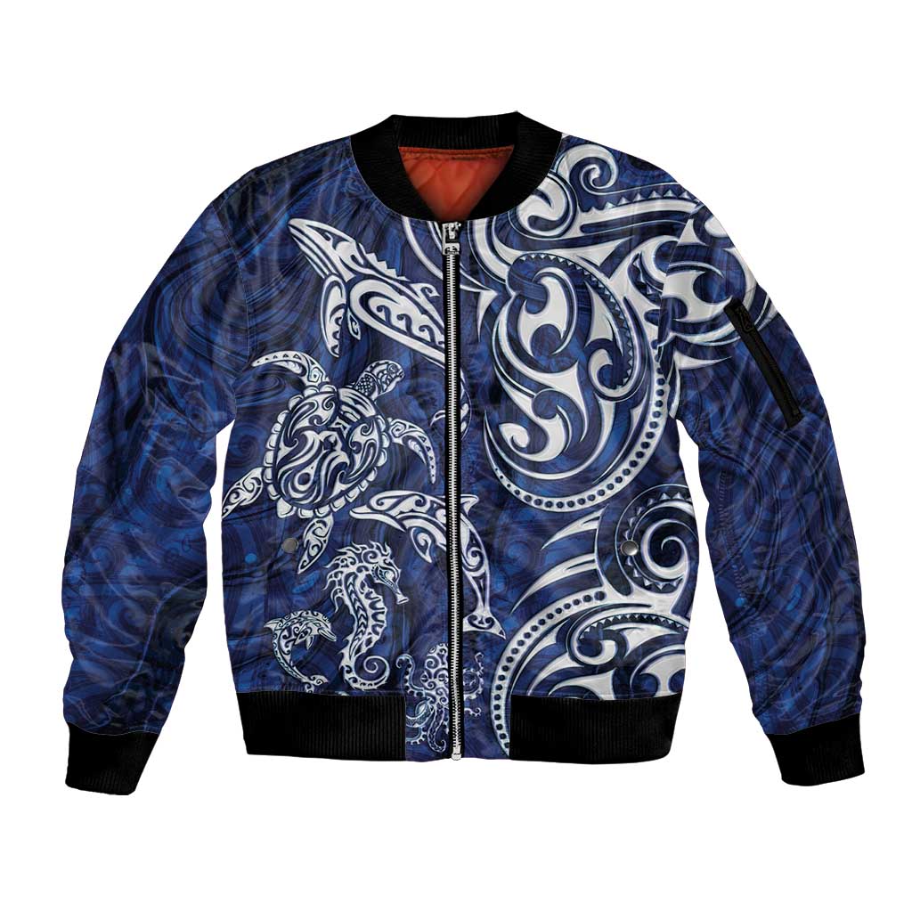 New Zealand Connecting with Seas Sleeve Zip Bomber Jacket Maori Tribal and Sea Animals Tattoo - White Glass Style