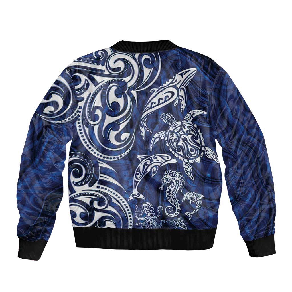 New Zealand Connecting with Seas Sleeve Zip Bomber Jacket Maori Tribal and Sea Animals Tattoo - White Glass Style