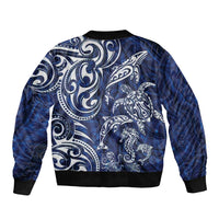 New Zealand Connecting with Seas Sleeve Zip Bomber Jacket Maori Tribal and Sea Animals Tattoo - White Glass Style