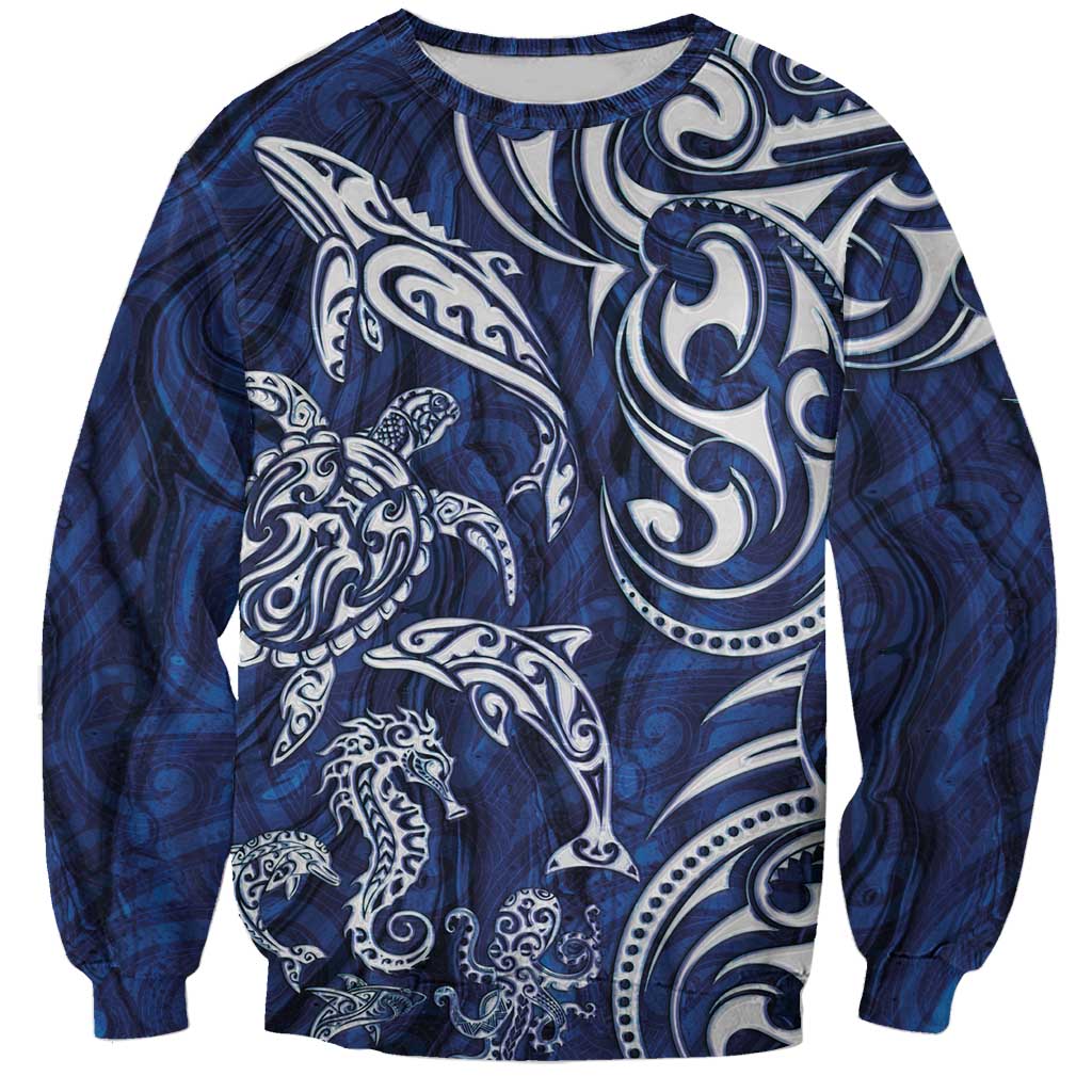 New Zealand Connecting with Seas Sweatshirt Maori Tribal and Sea Animals Tattoo - White Glass Style LT03 Unisex Navy - Polynesian Pride