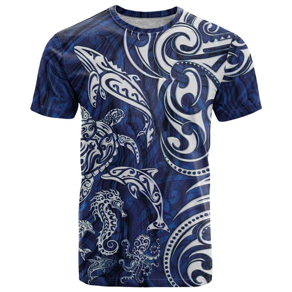 New Zealand Connecting with Seas T Shirt Maori Tribal and Sea Animals Tattoo - White Glass Style