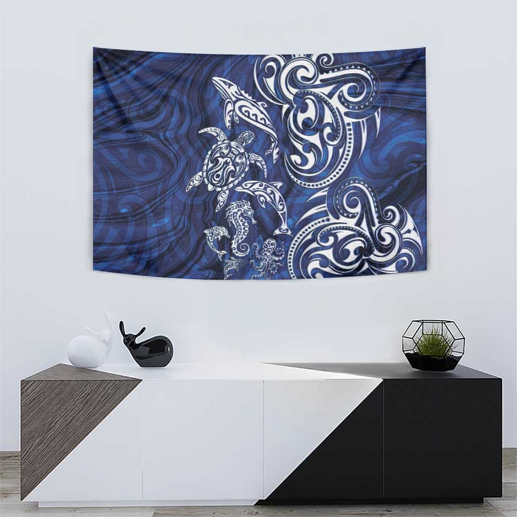 New Zealand Connecting with Seas Tapestry Maori Tribal and Sea Animals Tattoo - White Glass Style