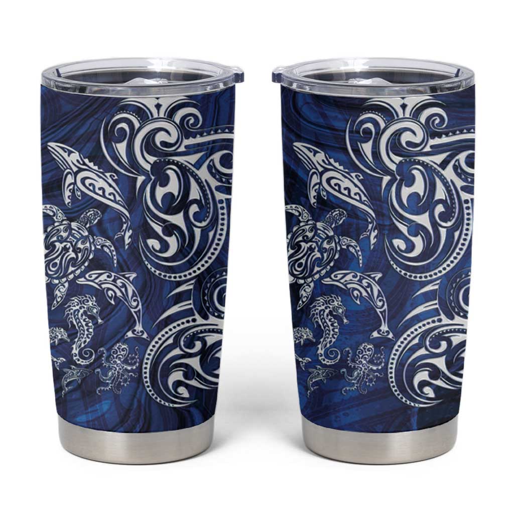 New Zealand Connecting with Seas Tumbler Cup Maori Tribal and Sea Animals Tattoo - White Glass Style LT03 Navy - Polynesian Pride