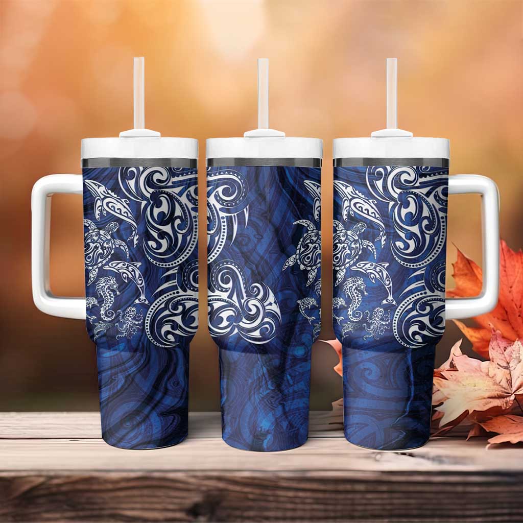 New Zealand Connecting with Seas Tumbler With Handle Maori Tribal and Sea Animals Tattoo - White Glass Style