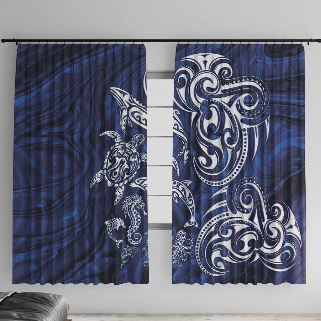 New Zealand Connecting with Seas Window Curtain Maori Tribal and Sea Animals Tattoo - White Glass Style