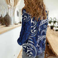 New Zealand Connecting with Seas Women Casual Shirt Maori Tribal and Sea Animals Tattoo - White Glass Style