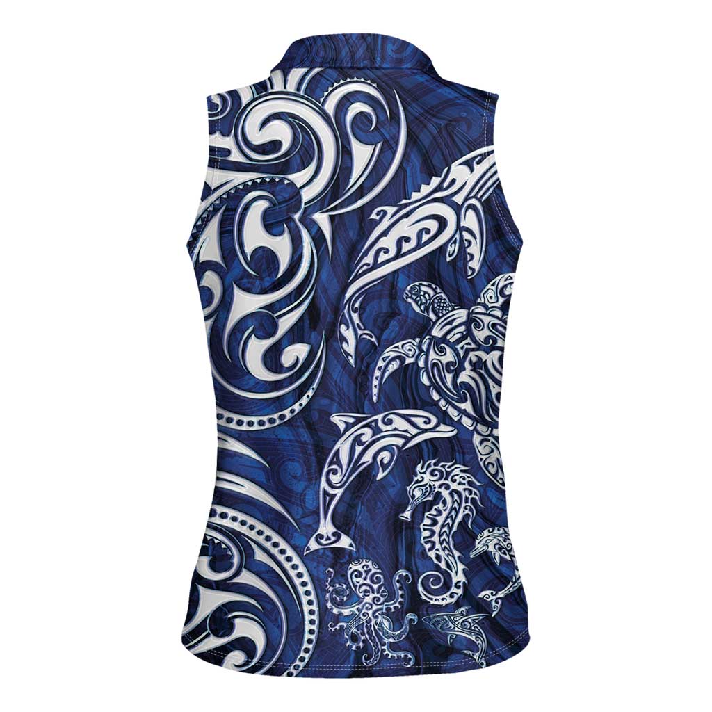 New Zealand Connecting with Seas Women Sleeveless Polo Shirt Maori Tribal and Sea Animals Tattoo - White Glass Style