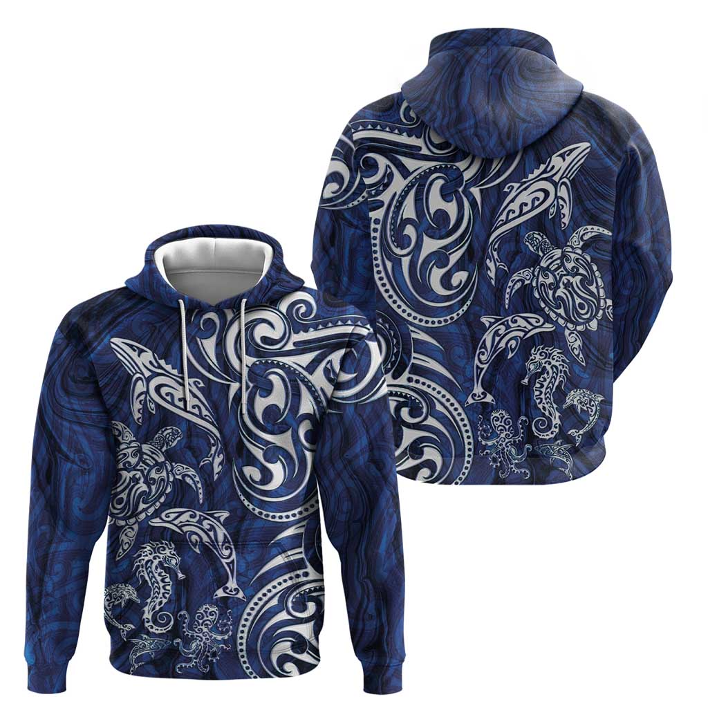 New Zealand Connecting with Seas Zip Hoodie Maori Tribal and Sea Animals Tattoo - White Glass Style
