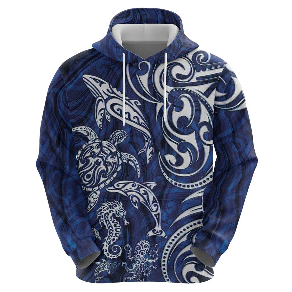 New Zealand Connecting with Seas Zip Hoodie Maori Tribal and Sea Animals Tattoo - White Glass Style
