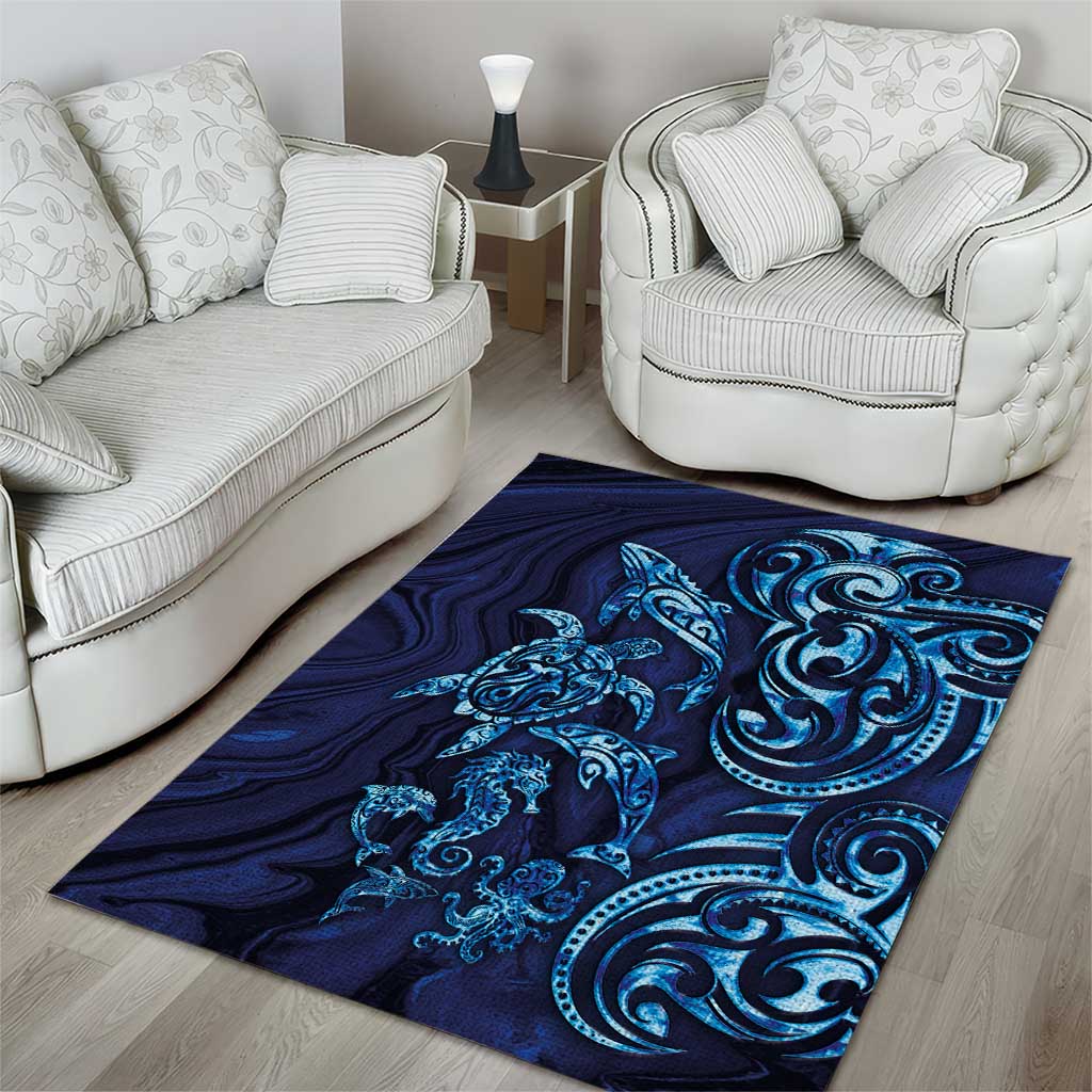 New Zealand Connecting with Seas Area Rug Maori Tribal and Sea Animals Tattoo - Sea Texture Glass Style