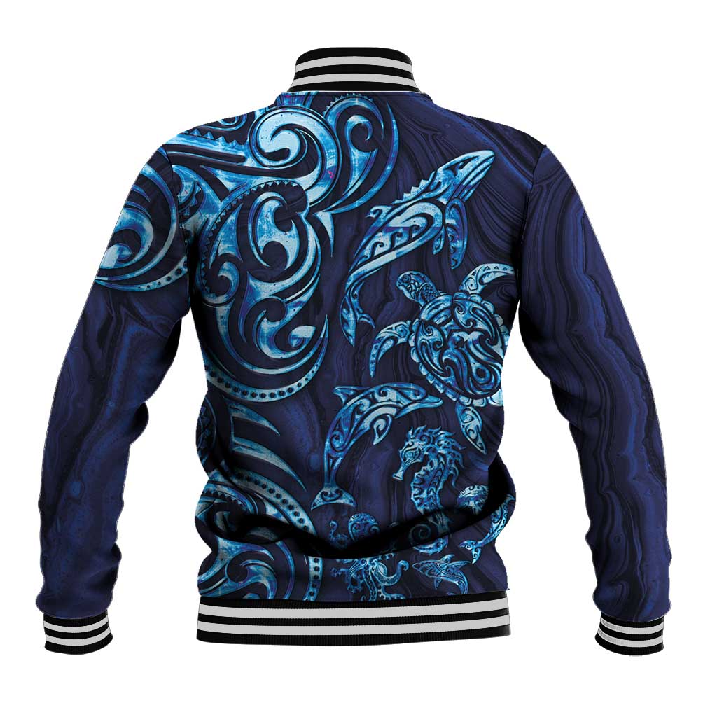 New Zealand Connecting with Seas Baseball Jacket Maori Tribal and Sea Animals Tattoo - Sea Texture Glass Style