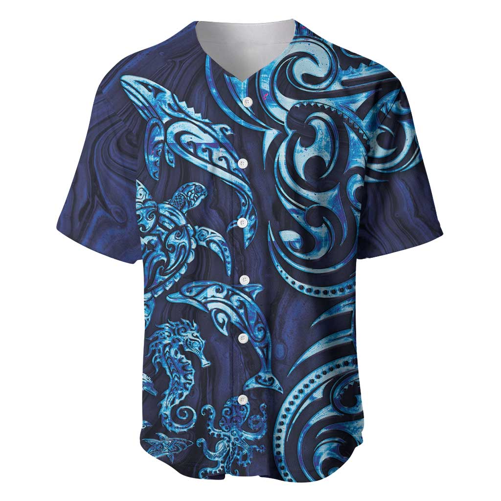 New Zealand Connecting with Seas Baseball Jersey Maori Tribal and Sea Animals Tattoo - Sea Texture Glass Style