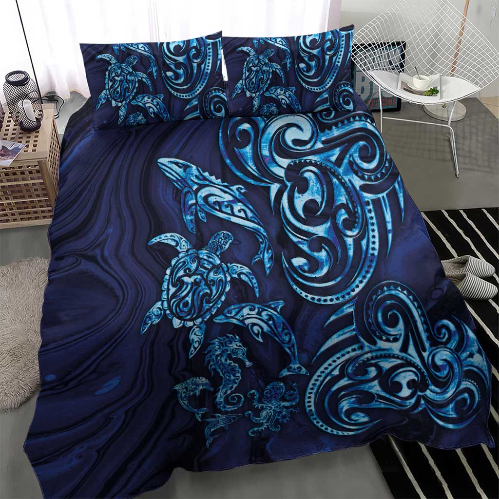 New Zealand Connecting with Seas Bedding Set Maori Tribal and Sea Animals Tattoo - Sea Texture Glass Style