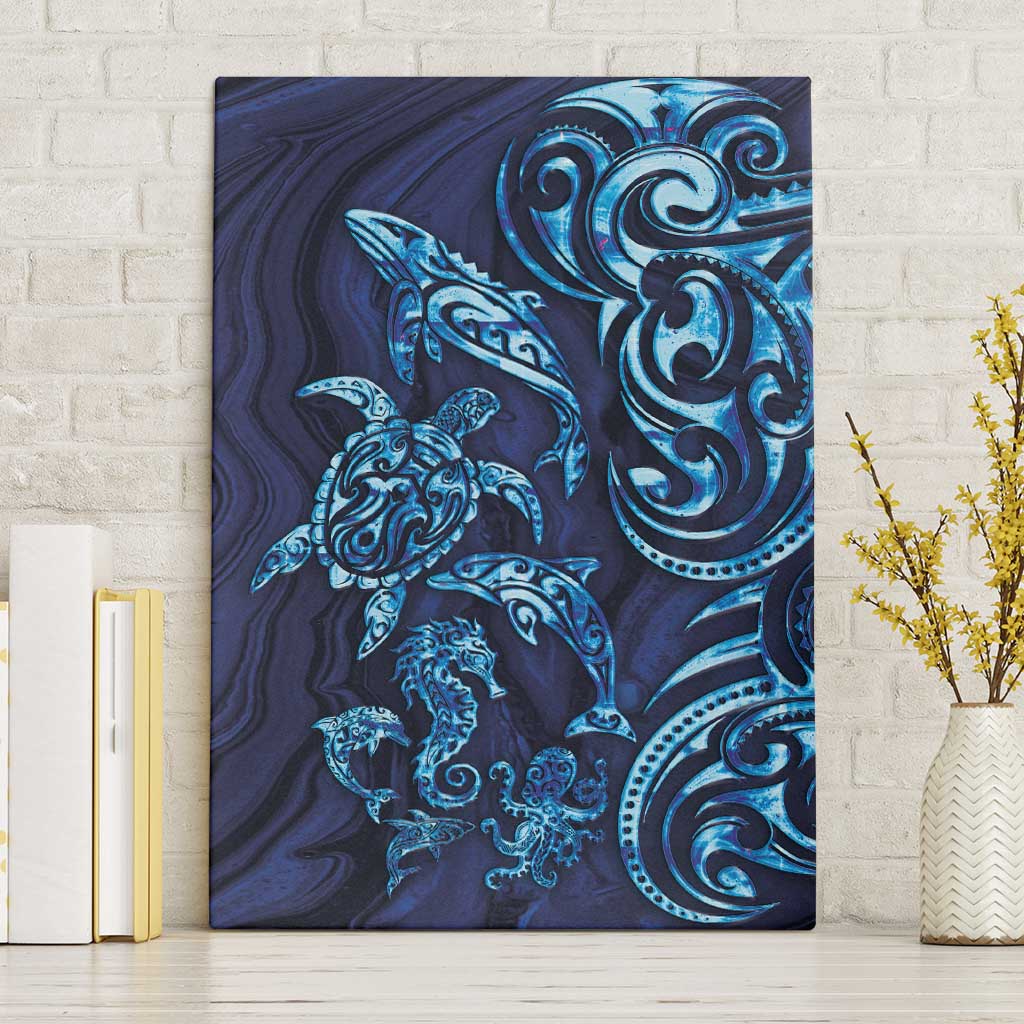 New Zealand Connecting with Seas Canvas Wall Art Maori Tribal and Sea Animals Tattoo - Sea Texture Glass Style