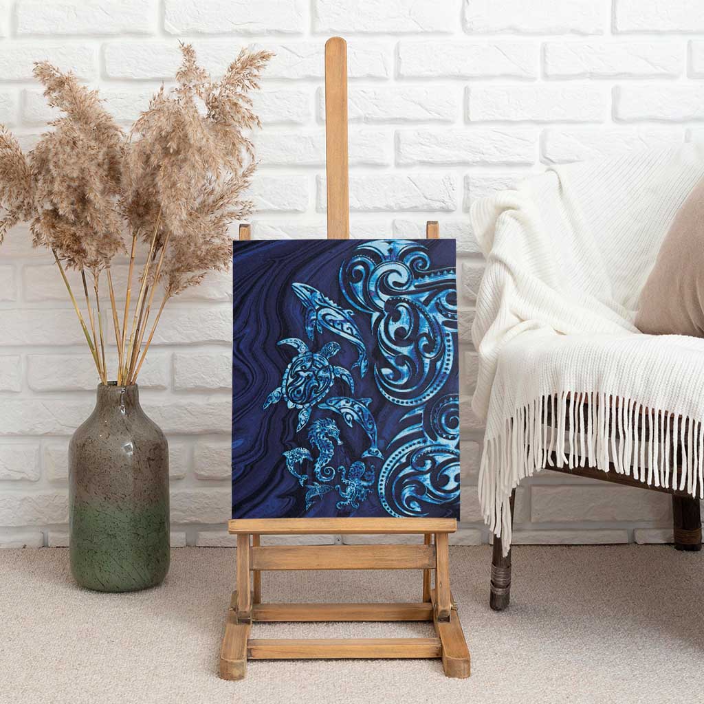 New Zealand Connecting with Seas Canvas Wall Art Maori Tribal and Sea Animals Tattoo - Sea Texture Glass Style