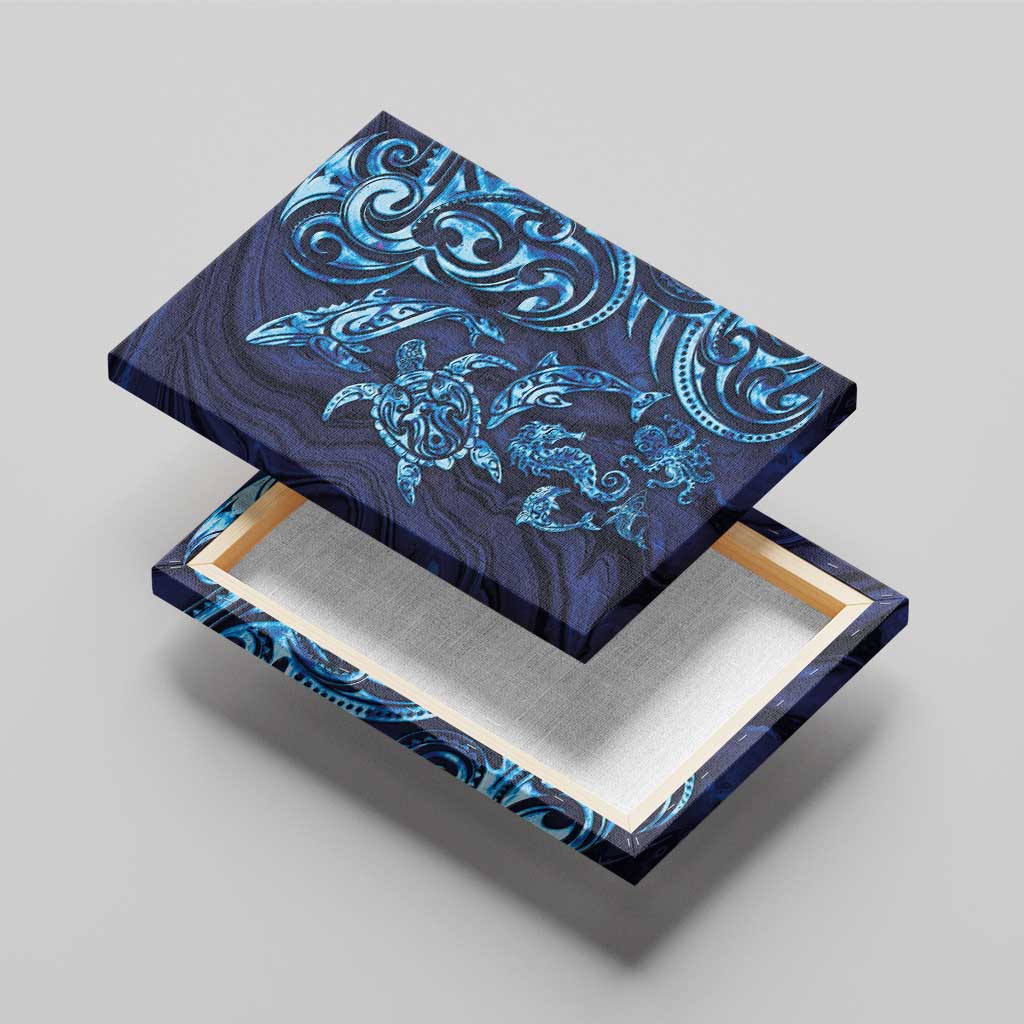 New Zealand Connecting with Seas Canvas Wall Art Maori Tribal and Sea Animals Tattoo - Sea Texture Glass Style
