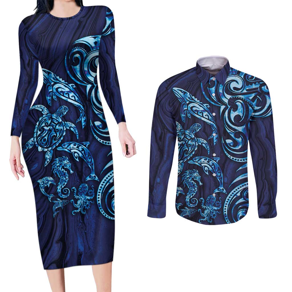 New Zealand Connecting with Seas Couples Matching Long Sleeve Bodycon Dress and Long Sleeve Button Shirt Maori Tribal and Sea Animals Tattoo - Sea Texture Glass Style