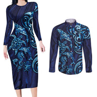 New Zealand Connecting with Seas Couples Matching Long Sleeve Bodycon Dress and Long Sleeve Button Shirt Maori Tribal and Sea Animals Tattoo - Sea Texture Glass Style