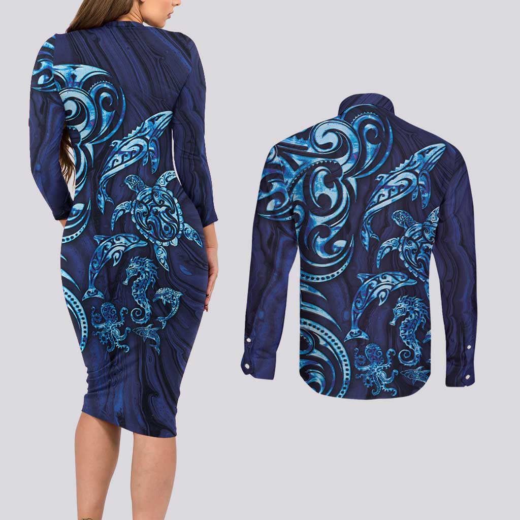 New Zealand Connecting with Seas Couples Matching Long Sleeve Bodycon Dress and Long Sleeve Button Shirt Maori Tribal and Sea Animals Tattoo - Sea Texture Glass Style