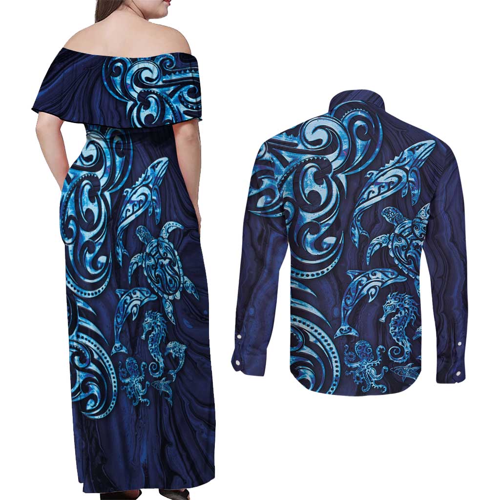 New Zealand Connecting with Seas Couples Matching Off Shoulder Maxi Dress and Long Sleeve Button Shirt Maori Tribal and Sea Animals Tattoo - Sea Texture Glass Style