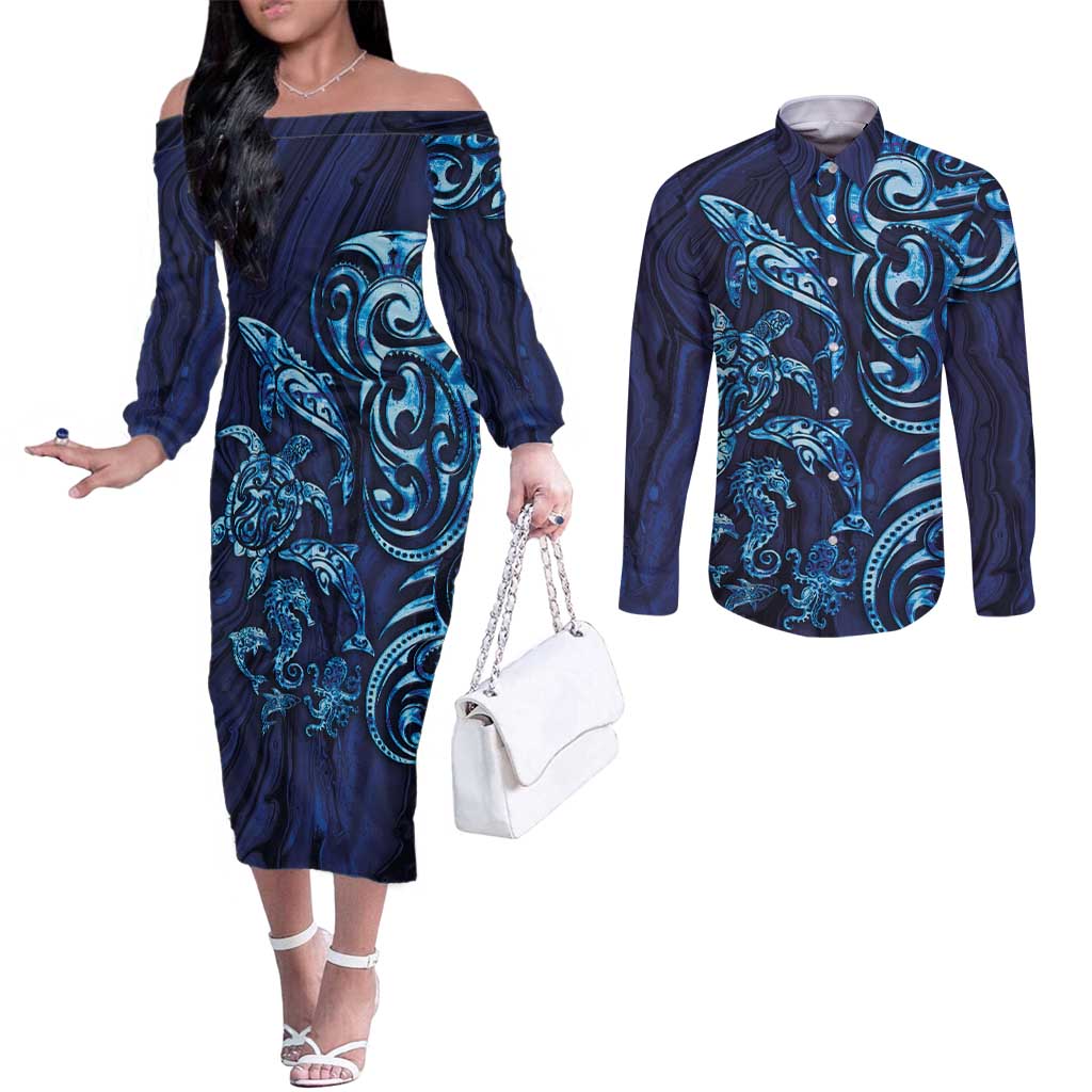 New Zealand Connecting with Seas Couples Matching Off The Shoulder Long Sleeve Dress and Long Sleeve Button Shirt Maori Tribal and Sea Animals Tattoo - Sea Texture Glass Style