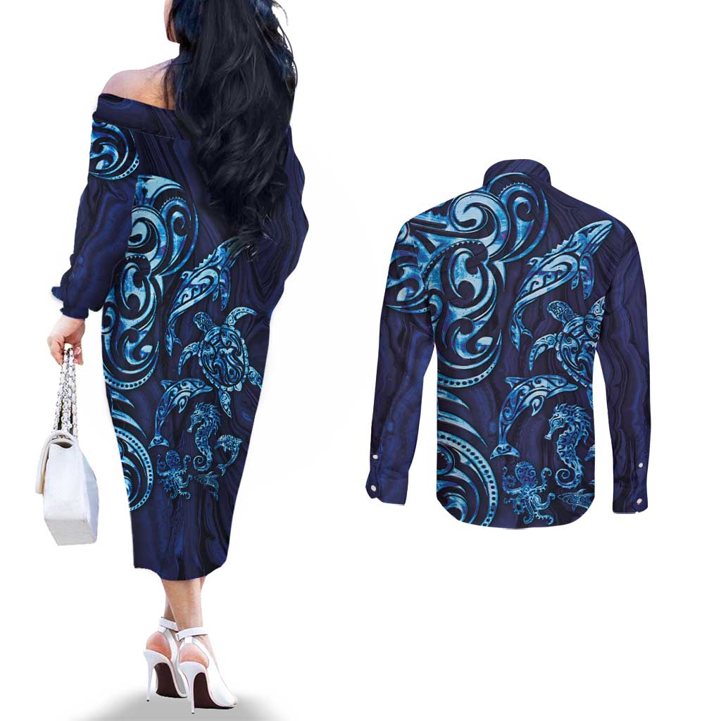 New Zealand Connecting with Seas Couples Matching Off The Shoulder Long Sleeve Dress and Long Sleeve Button Shirt Maori Tribal and Sea Animals Tattoo - Sea Texture Glass Style