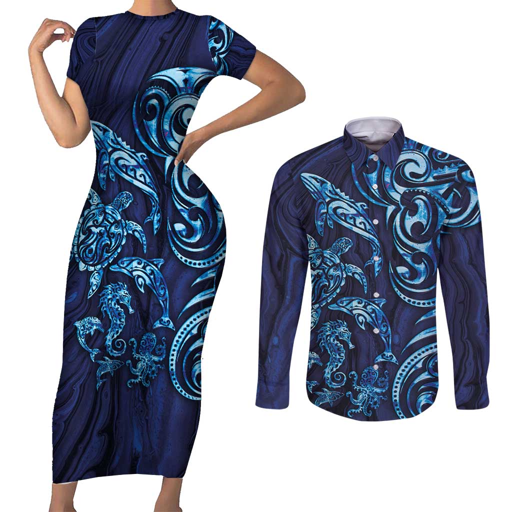 New Zealand Connecting with Seas Couples Matching Short Sleeve Bodycon Dress and Long Sleeve Button Shirt Maori Tribal and Sea Animals Tattoo - Sea Texture Glass Style
