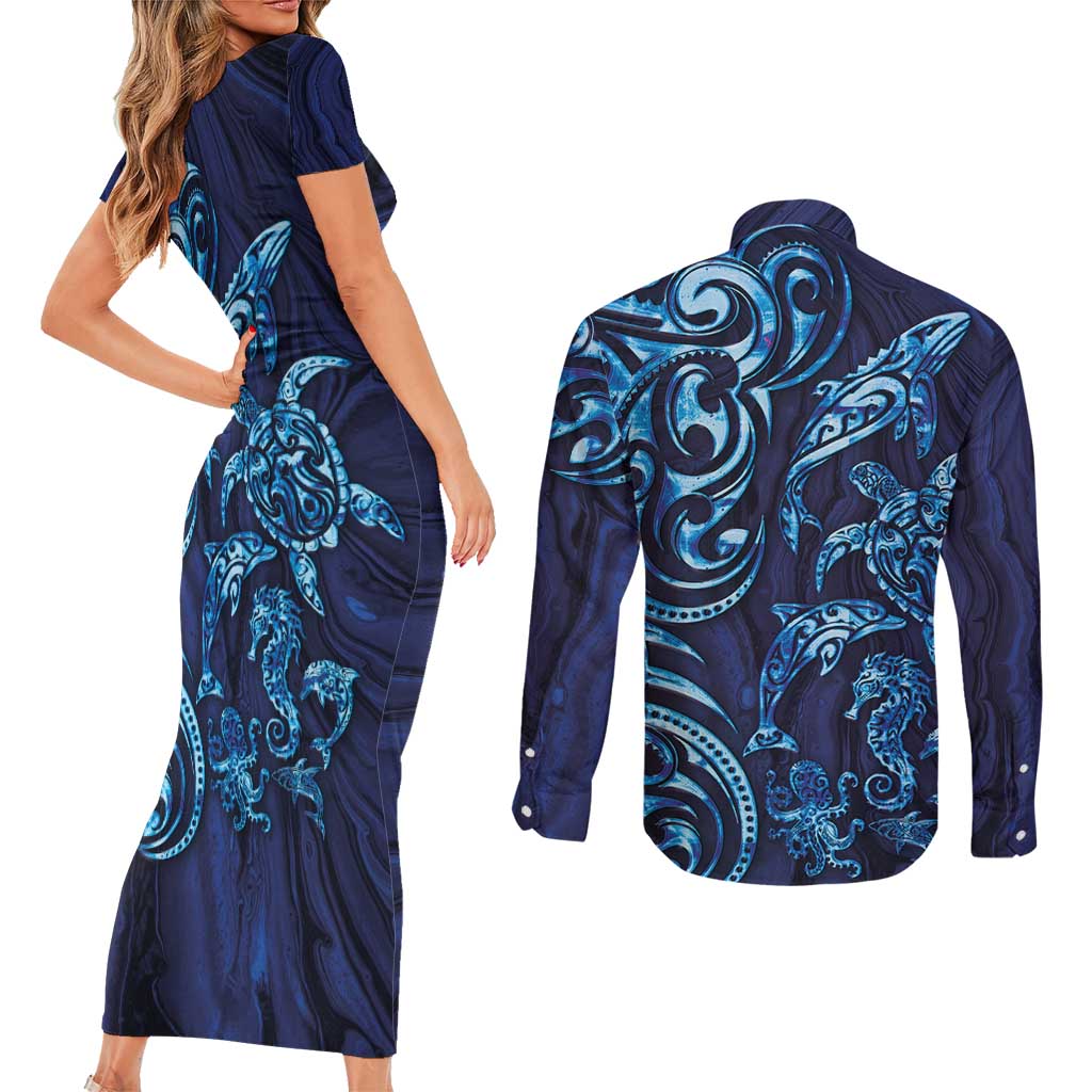 New Zealand Connecting with Seas Couples Matching Short Sleeve Bodycon Dress and Long Sleeve Button Shirt Maori Tribal and Sea Animals Tattoo - Sea Texture Glass Style