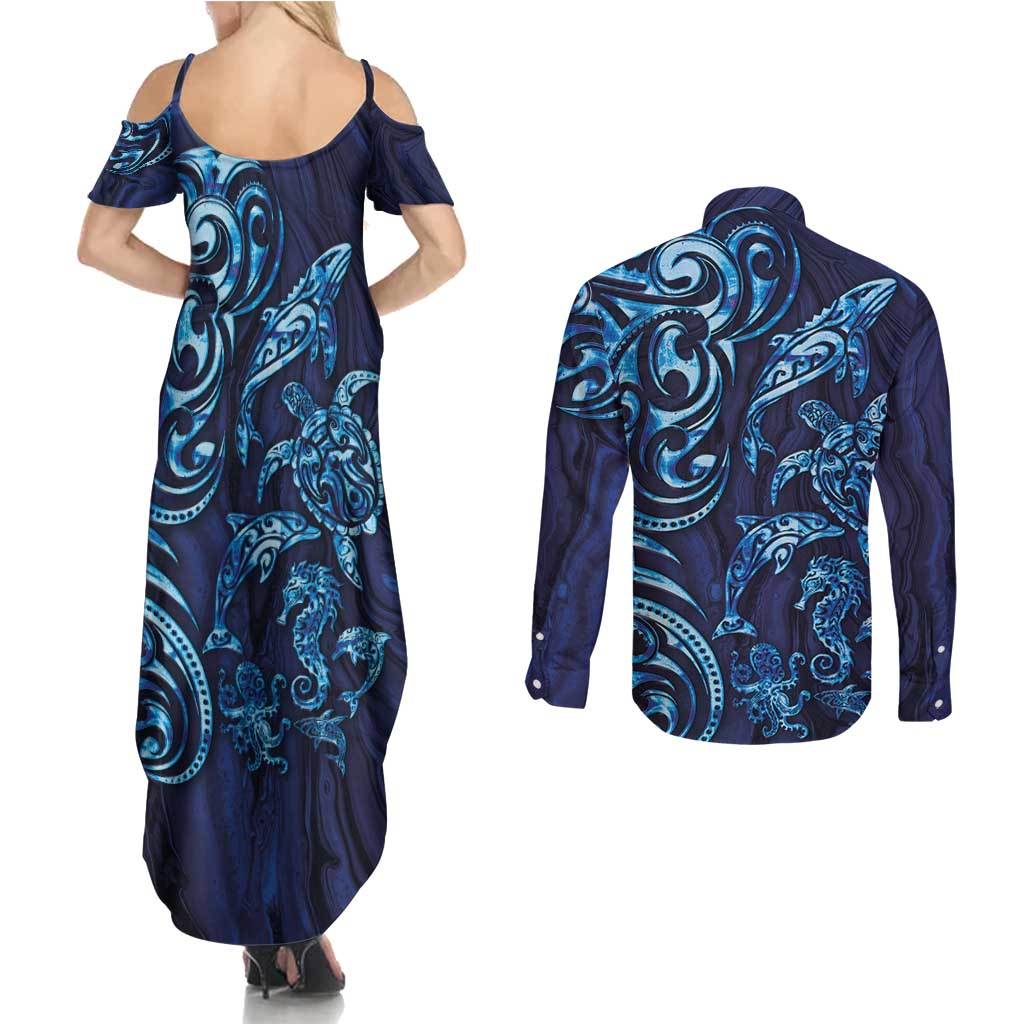 New Zealand Connecting with Seas Couples Matching Summer Maxi Dress and Long Sleeve Button Shirt Maori Tribal and Sea Animals Tattoo - Sea Texture Glass Style