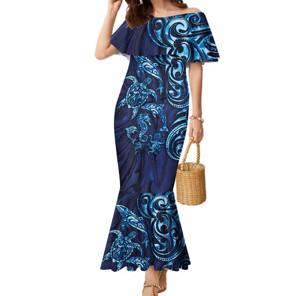 New Zealand Connecting with Seas Family Matching Mermaid Dress and Hawaiian Shirt Maori Tribal and Sea Animals Tattoo - Sea Texture Glass Style