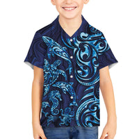 New Zealand Connecting with Seas Family Matching Off The Shoulder Long Sleeve Dress and Hawaiian Shirt Maori Tribal and Sea Animals Tattoo - Sea Texture Glass Style