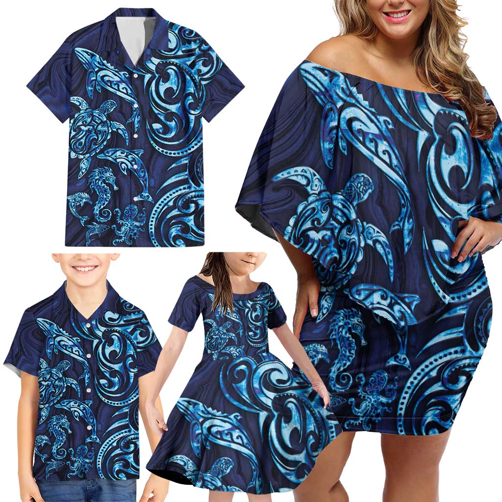 New Zealand Connecting with Seas Family Matching Off Shoulder Short Dress and Hawaiian Shirt Maori Tribal and Sea Animals Tattoo - Sea Texture Glass Style