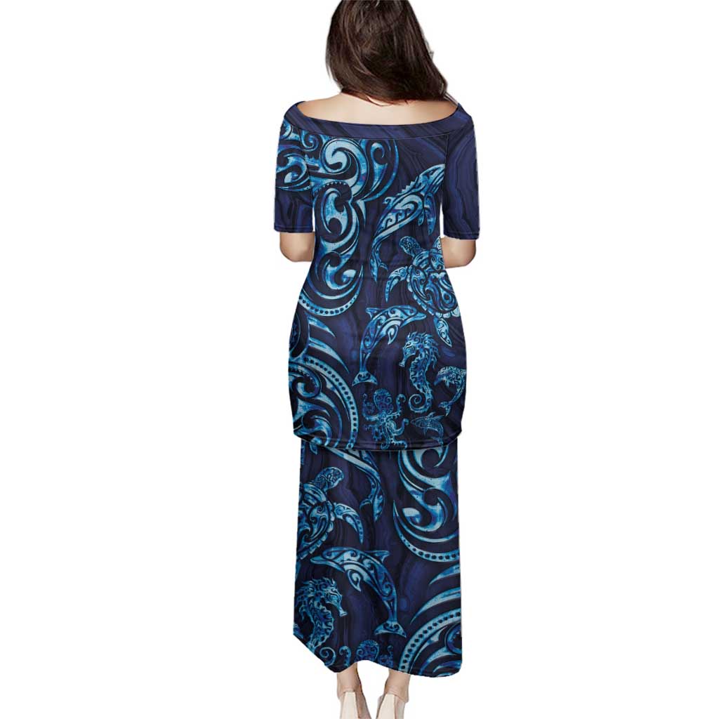 New Zealand Connecting with Seas Family Matching Puletasi and Hawaiian Shirt Maori Tribal and Sea Animals Tattoo - Sea Texture Glass Style