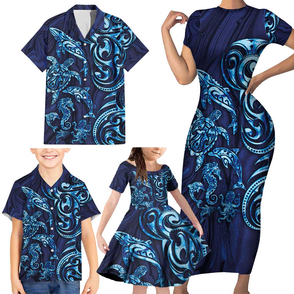 New Zealand Connecting with Seas Family Matching Short Sleeve Bodycon Dress and Hawaiian Shirt Maori Tribal and Sea Animals Tattoo - Sea Texture Glass Style