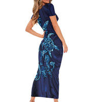 New Zealand Connecting with Seas Family Matching Short Sleeve Bodycon Dress and Hawaiian Shirt Maori Tribal and Sea Animals Tattoo - Sea Texture Glass Style