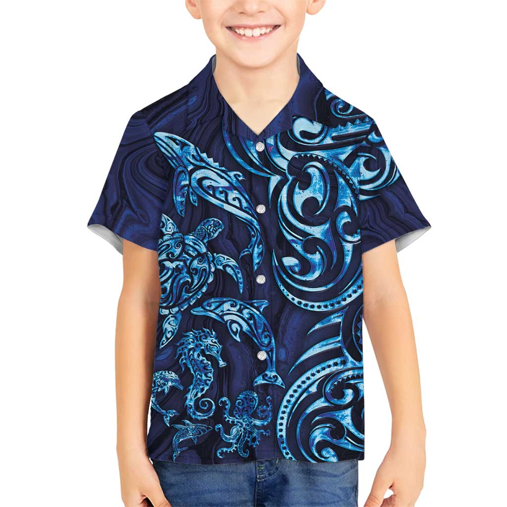 New Zealand Connecting with Seas Family Matching Summer Maxi Dress and Hawaiian Shirt Maori Tribal and Sea Animals Tattoo - Sea Texture Glass Style