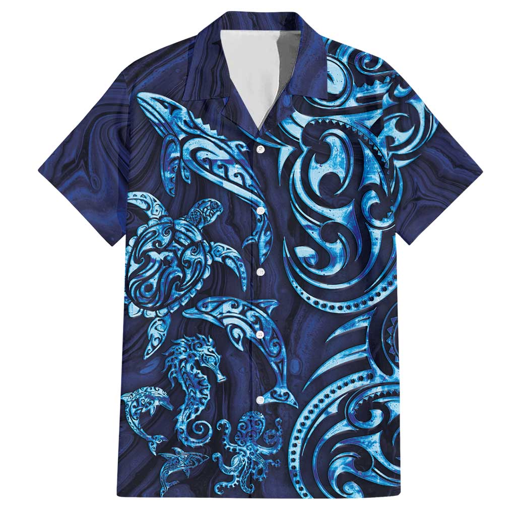 New Zealand Connecting with Seas Hawaiian Shirt Maori Tribal and Sea Animals Tattoo - Sea Texture Glass Style