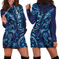 New Zealand Connecting with Seas Hoodie Dress Maori Tribal and Sea Animals Tattoo - Sea Texture Glass Style