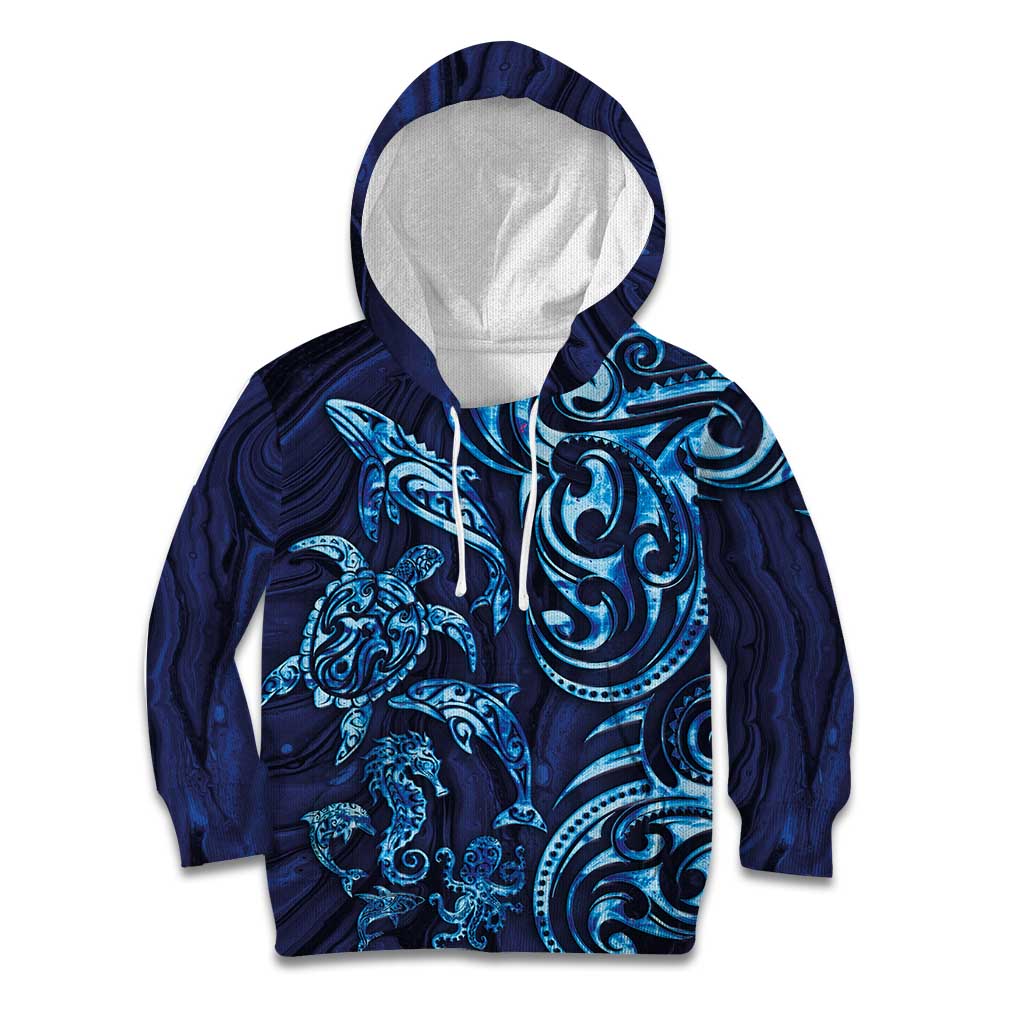 New Zealand Connecting with Seas Kid Hoodie Maori Tribal and Sea Animals Tattoo - Sea Texture Glass Style