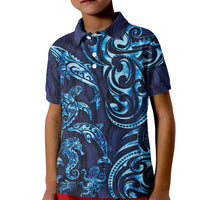 New Zealand Connecting with Seas Kid Polo Shirt Maori Tribal and Sea Animals Tattoo - Sea Texture Glass Style