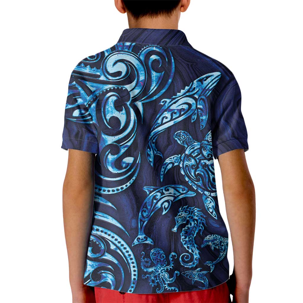 New Zealand Connecting with Seas Kid Polo Shirt Maori Tribal and Sea Animals Tattoo - Sea Texture Glass Style
