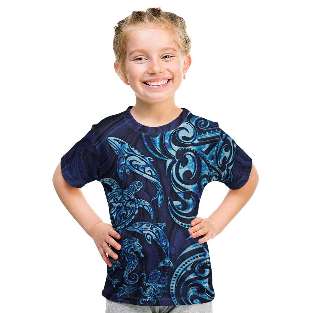 New Zealand Connecting with Seas Kid T Shirt Maori Tribal and Sea Animals Tattoo - Sea Texture Glass Style