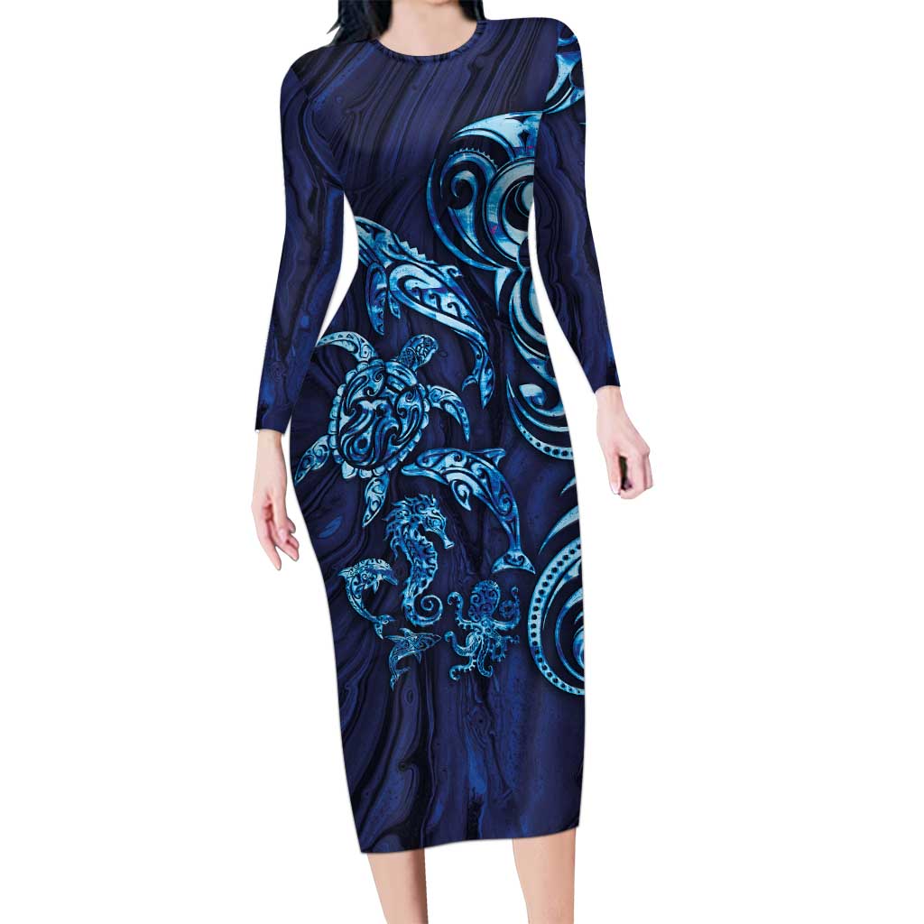 New Zealand Connecting with Seas Long Sleeve Bodycon Dress Maori Tribal and Sea Animals Tattoo - Sea Texture Glass Style