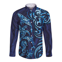 New Zealand Connecting with Seas Long Sleeve Button Shirt Maori Tribal and Sea Animals Tattoo - Sea Texture Glass Style