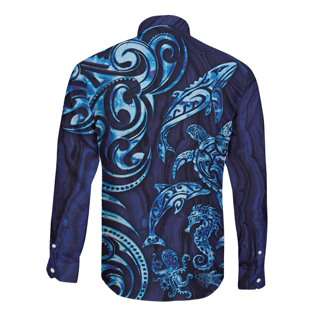 New Zealand Connecting with Seas Long Sleeve Button Shirt Maori Tribal and Sea Animals Tattoo - Sea Texture Glass Style