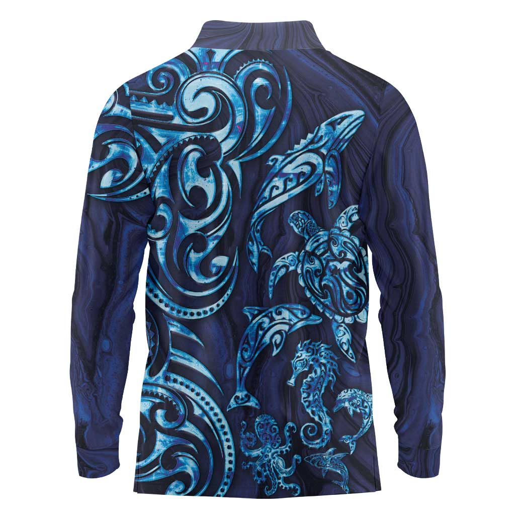 New Zealand Connecting with Seas Long Sleeve Polo Shirt Maori Tribal and Sea Animals Tattoo - Sea Texture Glass Style