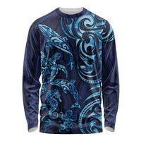 New Zealand Connecting with Seas Long Sleeve Shirt Maori Tribal and Sea Animals Tattoo - Sea Texture Glass Style