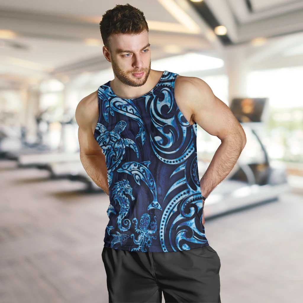 New Zealand Connecting with Seas Men Tank Top Maori Tribal and Sea Animals Tattoo - Sea Texture Glass Style LT03 Navy - Polynesian Pride